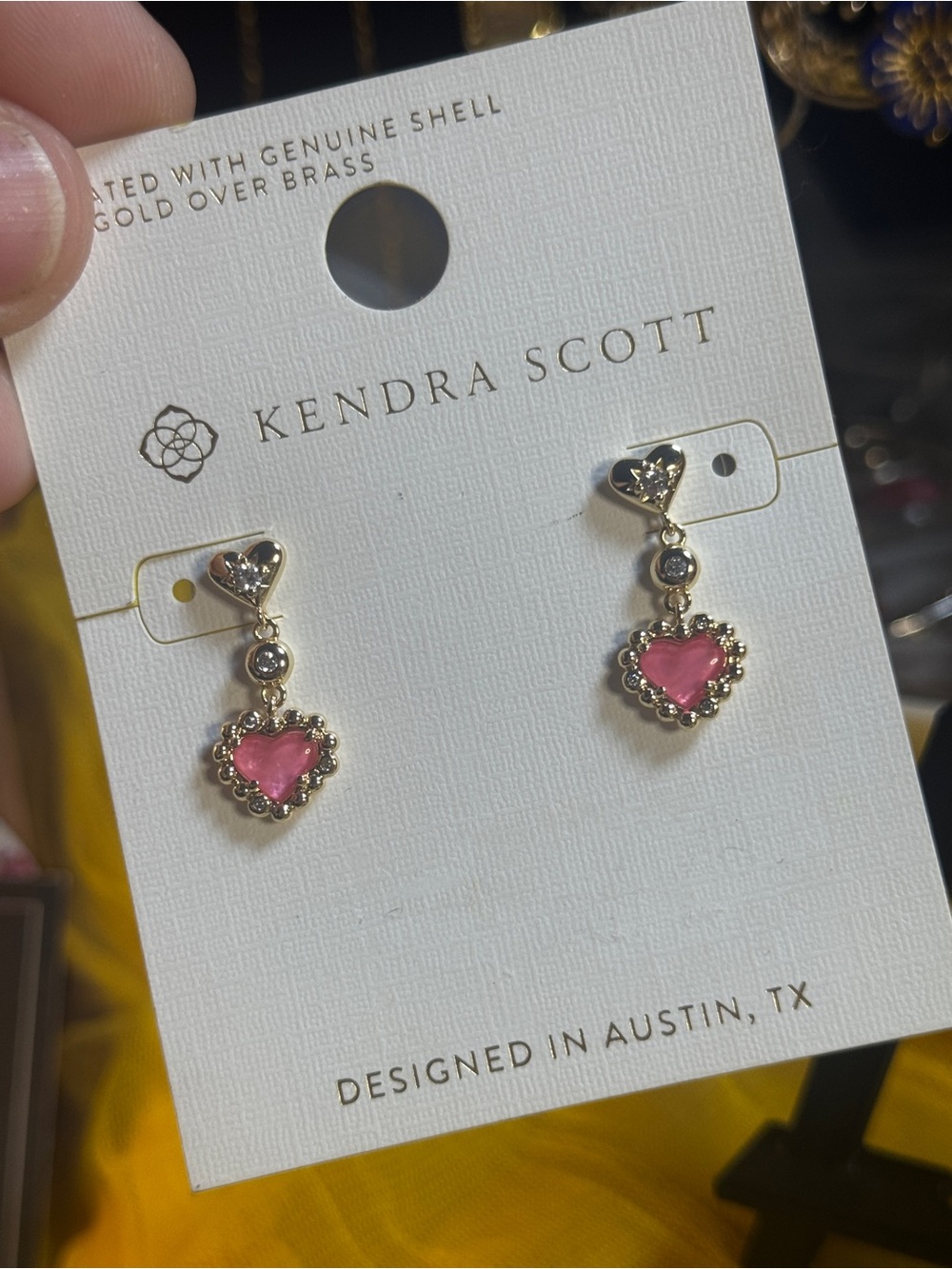 Kendra Scott Gold Heart Drop Earrings with Pink Centers